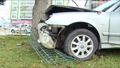 yagisli hava -  Kontrolden çıkan otomobil refüjdeki ağaca çarptı Videosu