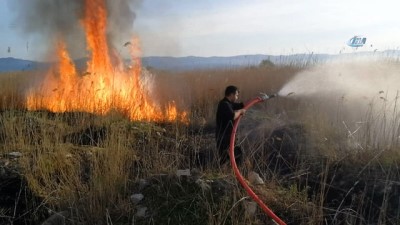  İznik Gölü kıyısındaki sazlıklar alev alev yandı...12 yaşındaki çocuk yangını söndürmek için uğraştı 