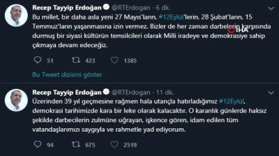  Cumhurbaşkanı Erdoğan’dan ‘12 Eylül’ mesajı