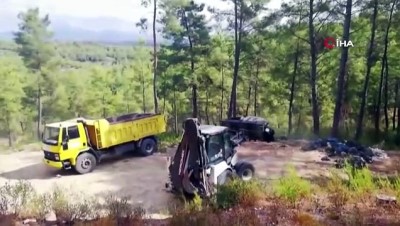  Kesilen domuzların ormana atılan iç organları iş makineleriyle toplandı