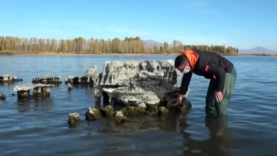 iklim degisikligi - VAN - Van Gölü'nün çekilmesiyle su altında kalan mikrobiyalitler ve tarihi yapılar ortaya çıktı (2) Videosu