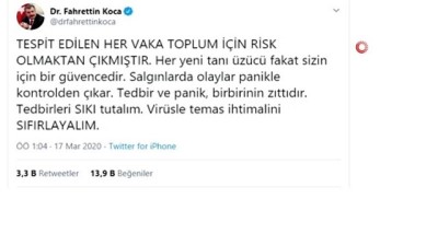  Bakan Koca: 'Tedbirleri sıkı tutalım. Virüsle temas ihtimalini sıfırlayalım'