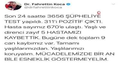  Sağlık Bakanı Koca, 'Yaşlı ve direnci zayıf 5 hastamızı kaybettik. Bugüne dek toplam 9 can kaybımız var. Tamamı yaşlılarımızdan. Yaşlılarımızı koruyalım'