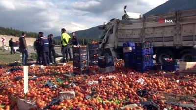  Devrilen kamyondaki tonlarca meyve ve sebze yola saçıldı