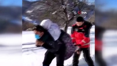 paletli arac -  Köyde mahsur kalan 90 yaşındaki kadını sırtlarında taşıdılar Videosu