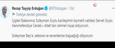  - Cumhurbaşkanı Recep Tayyip Erdoğan’dan Süleyman Soylu’ya baş sağlığı paylaşımı