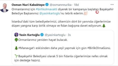  AK Parti İstanbul İl Başkanı Kabaktepe'den orman yangınlarına karşı anlamlı çağrı